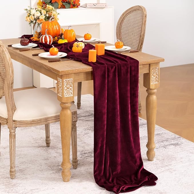 Burgundy Velvet Table Runner Fall Thanksgiving Red Table Runner 20 x 120 Inch Luxurious Elegant Velvet Fabric Friendsgiving Table Decorations for Christmas Dinner Wedding Bridal Baby Shower