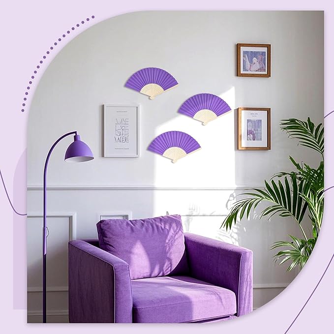 JOHOUSE 12 Packs Foldable Hand Fans, 8.3 Inch Purple Paper Fans Handheld for Purple Birthday Decorations, Wedding, Outdoor Party Favors, Baby Shower DIY Photography Props