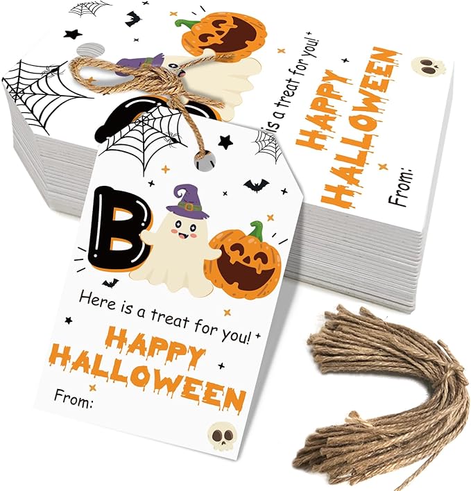 50pcs Boo Halloween Favor Tags, Halloween Class Gift Tags for Spooky Ghost Party Favor and Gift Wrapping Decoration (Happy)