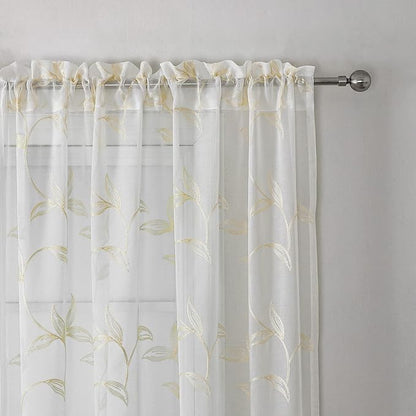 VISIONTEX Sheer Curtains 72 inch Length 2 Panels Set, White Voile Crushed Cream Vine Leaves Embroidery, Rod Pocket Embroidered Window Drapes for Living Room and Bedroom, 54" x 72"