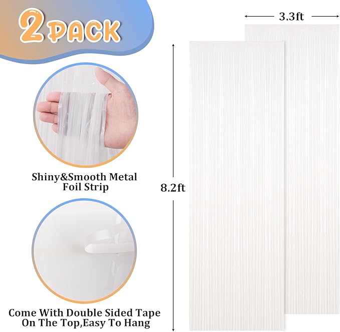 2 Pack White Foil Fringe Backdrop Curtains, Tinsel Streamers Birthday Party Decorations, Fringe Backdrop for Graduation, Baby Shower, Gender Reveal, Disco Party