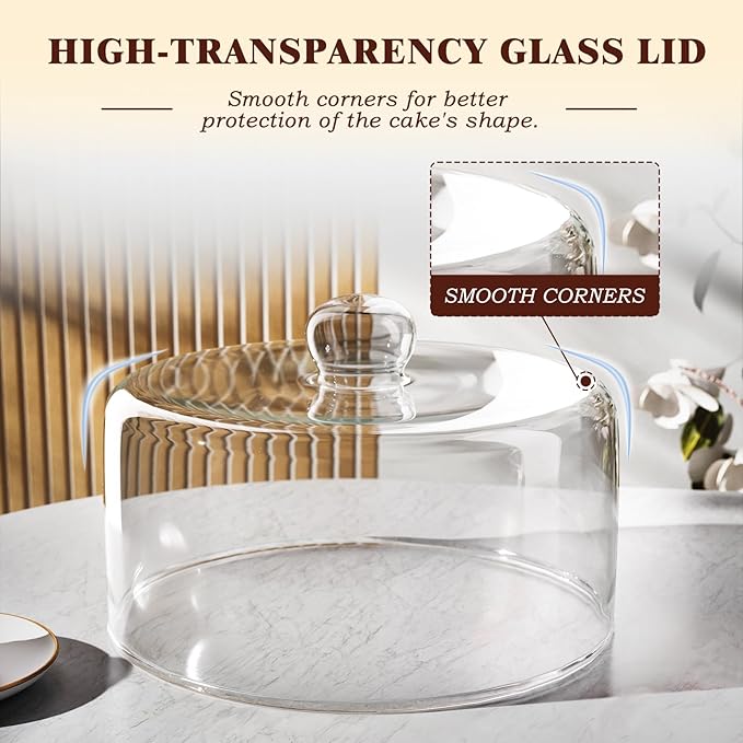 Acacia Wood Cake Stand with Lid, 12" Glass Cake Stand with Dome Cake Holder, 2-in-1 Dessert Table Display Set & Charcuterie Board for Weddings, Parties, Bakeries