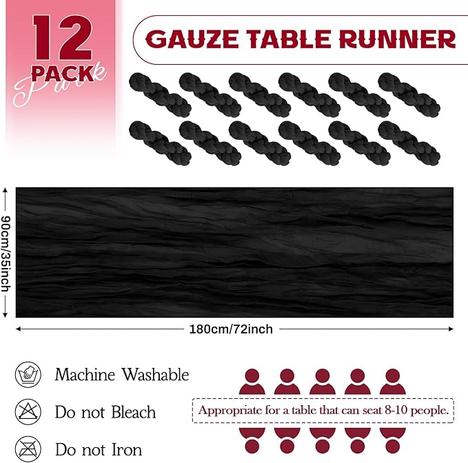 Aktor 12 Pack Black Table Runner Boho Cheesecloth Table Runner Semi Sheer Gauze Fabric Runners for Wedding Birthday Baby Shower Party Boho Table Decoration（Black）