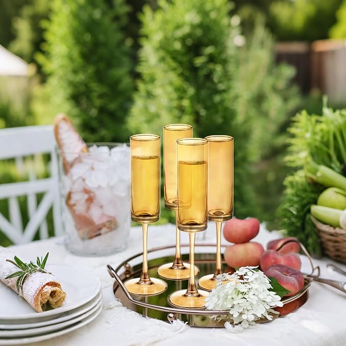 12 Pieces Amber Champagne Flutes 6 OZ Straight Sided Wine Glasses Champagne Long Stem Drinking Colored Glasses,Set of 12 Hand Blown Champagne Flutes Goblets for Wedding Cocktail Cups,Cava, Prosecco