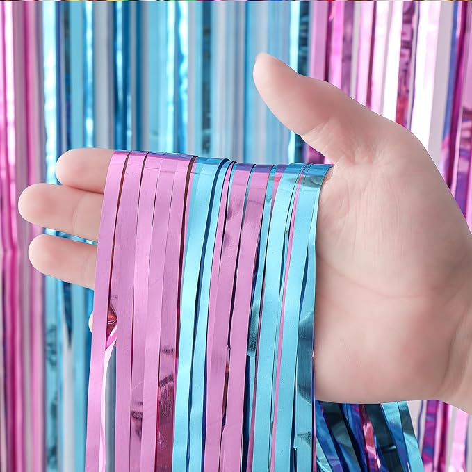 2 Pack 3.3x8.2 Feet Blue and Pink Foil Fringe Backdrop Curtains, Tinsel Streamers Birthday Party Decorations, Fringe Backdrop for Graduation, Baby Shower, Gender Reveal, Disco Party
