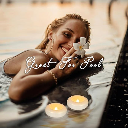 Set of 48 Waterproof Flameless Floating Tealights, 120+ Hour Warm White Battery Flickering LED Tea Lights Candles - Wedding, Party, Centerpiece, Pool & SPA.