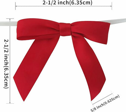 50pcs 2-1/2" Red Satin Ribbon Bows with Twist Ties for Gift Wrapping Packing Christmas Decoration (Red)