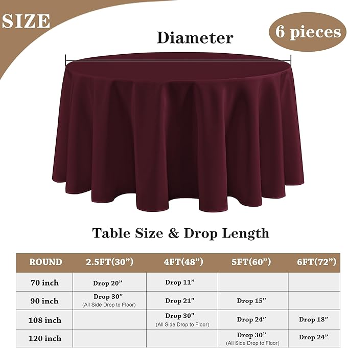 Fitable 6 Pack Burgundy Tablecloths for Round Tables - 108 Inches in Diameter - Stain Resistant and Washable Table Clothes, Polyester Fabric Table Covers for Wedding, Party, Banquet, Formal Events