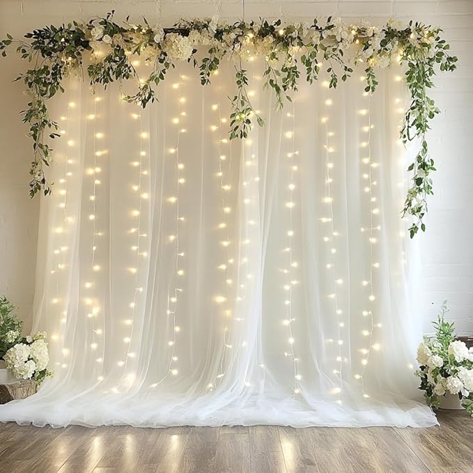 Tulle Backdrop Curtain with Lights String 10FT X 10FT Ivory Sheer Tulle Backdrop Curtains for Wedding Birthday Party Reception Photo Booth Background Decorations (2 Panels 5x10FT)