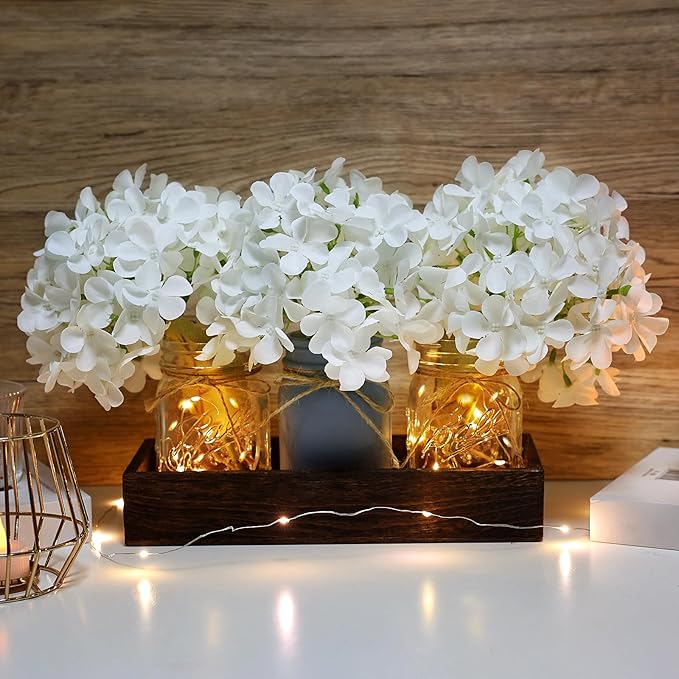Mason Jar Lights Centerpiece Table Decor for Dining Room Farmhouse Coffee Table Decor with Wood Tray Fairy Lights Fake Hydrangea Flowers for Kitchen Living Dining Room - White