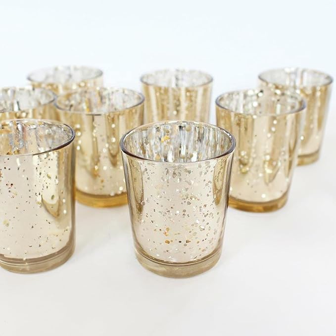 WGV Gold Speckled Tea Light Votive Candle Holder 2.2x2.75, Small Tiny Utility Cylinder Mercury Glass Vase, Home Accent Decor, 6 Pieces