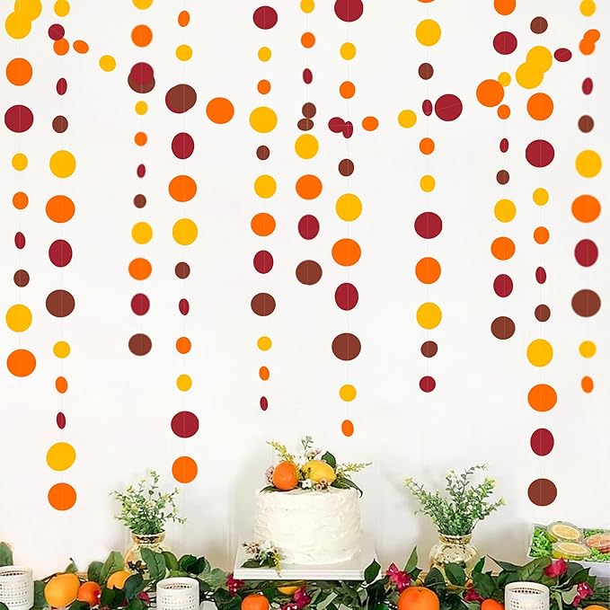 46Ft Fall Party Decorations Polka Dots Garlands Orange Yellow Burgundy Brown Hanging Paper Circle Dots Streamer for Birthday Wedding Baby Shower Fall Autumn Thanksgiving Harvest Party Decor Supplies