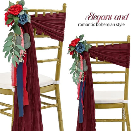 50 PCS Cheesecloth Chair Sashes Bows Wedding Aisle Decorations Chair Ribbon Ties Back Sash for Wedding Party Events Banquet Chair Cover Decoration (Burgundy)