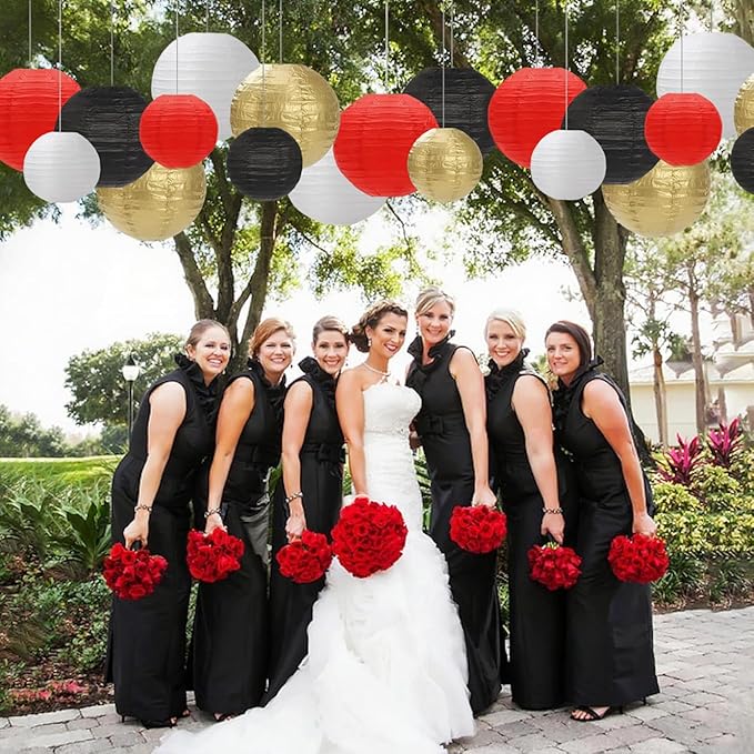 Black Red White Paper Lanterns Decorative 12pcs Party Hanging Decorations for Party Bridal Shower Wedding Baby Shower Graduation Anniversary Room Decor