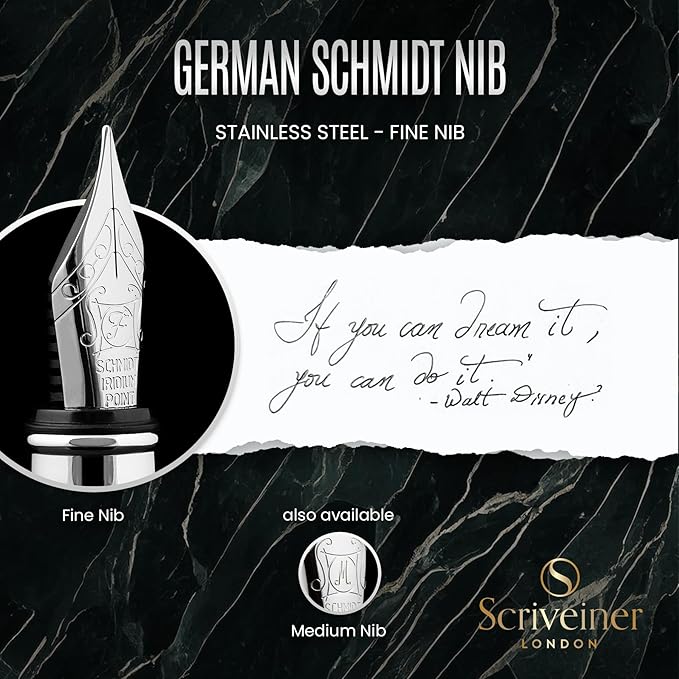 Scriveiner Black Green Fountain Pen - Stunning Luxury Pen with Chrome Finish, Schmidt Nib (Fine), Best Pen Gift Set for Men & Women, Professional, Executive, Office, Nice Pens