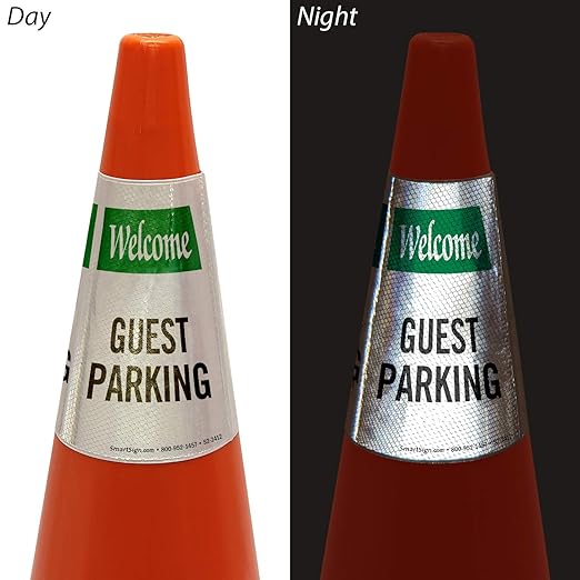 SmartSign 6-Pack "Welcome - Guest Parking" Reflective Cone Message Sleeve Collar, 360-Degree Visibility, Non-Adhesive Vinyl Signs for Traffic Safety Cones, 3-Side Print [Cone Not Included]