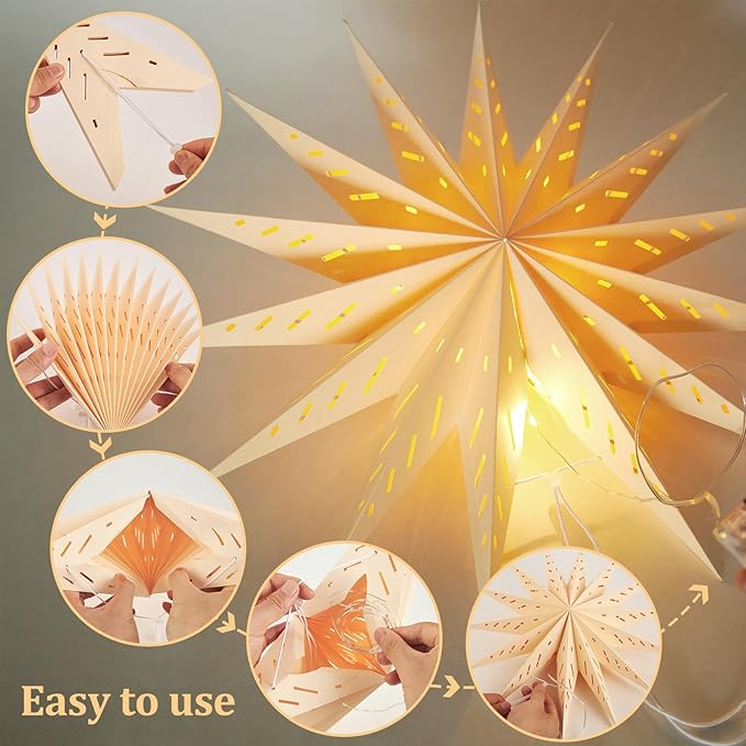 3Pcs 14-Pointed 18 Inch Paper Star Decorations Christmas Party Decorations Sage Green Yellow Hanging Star Decoration Hanging Lamp Shade for Christmas Home New Year Party