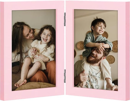 decorUhome Double 4x6 Picture Frame Vertical, Engineered Wood Bifold Photo Frame with Plexiglass for Tabletop Display, 4x6, Pink