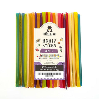 The Honey Jar Variety Pack Honey Sticks - Pure Honey Straws For Tea, Coffee, or a Healthy Treat - One Teaspoon of Flavored Honey Per Stick - Made In The USA with Real Honey - (50 Count)