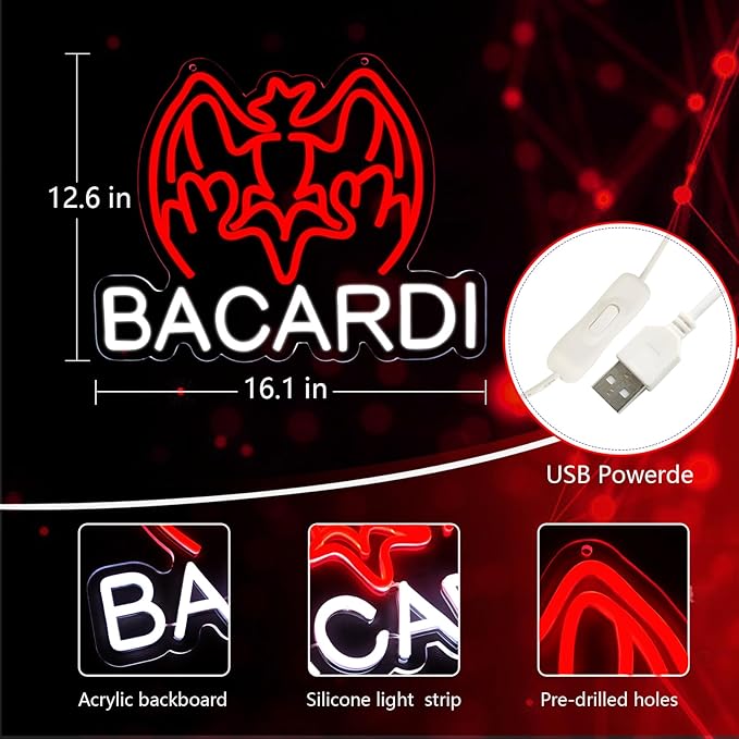 Bacardi Rum neon commercial sign for bar wall decor，USB Powered Decorative Bar Open Sign for Home Bar Store Party Decor，Neon Lights for Man Cave
