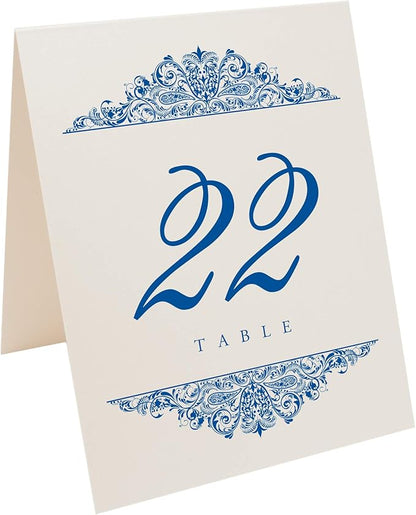 Paisley Wedding Table Numbers (Select Color/Quantity), Champagne, Royal Blue, 1-15, Double Sided, Tent or Use in a Stand, Great for Parties & Restaurants - Made in the USA