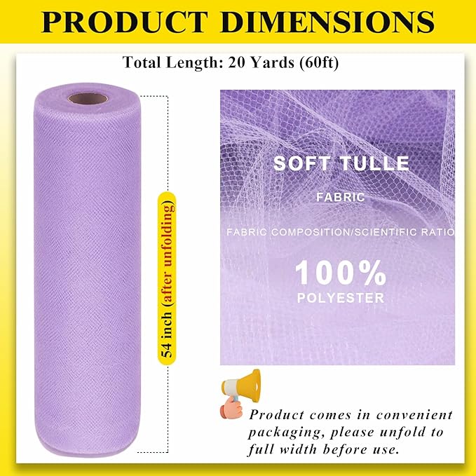 54" by 20 Yards Tulle Fabric Rolls Lavender Ribbon Tutu Spool Bolt for DIY Wedding Decoration Baby Shower Tutu Skirt Gift Wrapping Large Matte Tulle, Roll Packaging (Lavender)