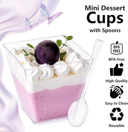 YOUBET 102 PCS Plastic Dessert Cups - 8oz Clear Square Cups - 51 Pack Mini Appetizer Cup with Tasting Spoons for Pudding, Fruit, Yogurt Parfait and Ice Cream