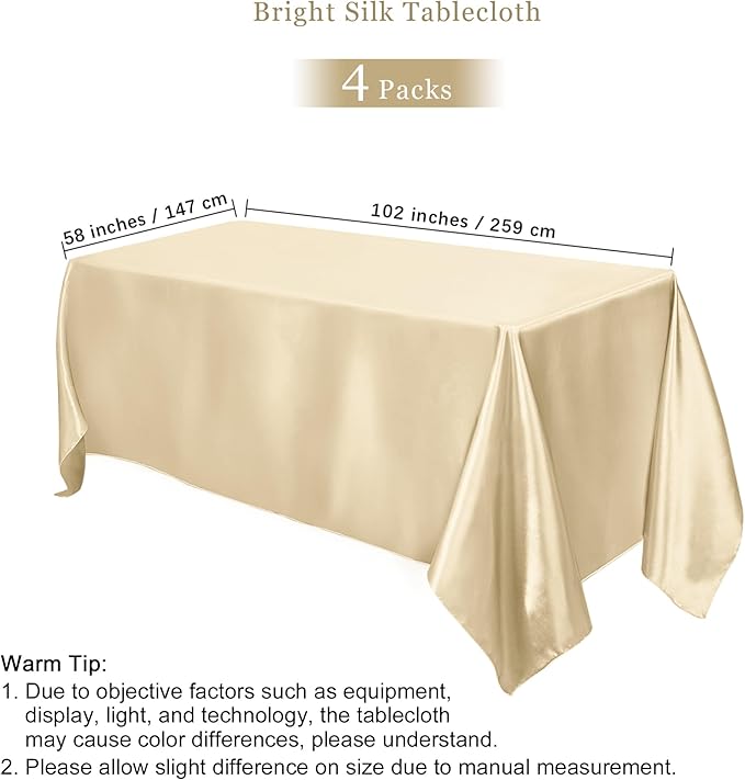 TURSTIN 4 Packs Champagne Satin Tablecloth 102 x 58 Inch Overlay Satin Table Cover Rectangle Bright Silk Tablecloth Smooth Fabric Table Decoration for Wedding Banquet Party Events