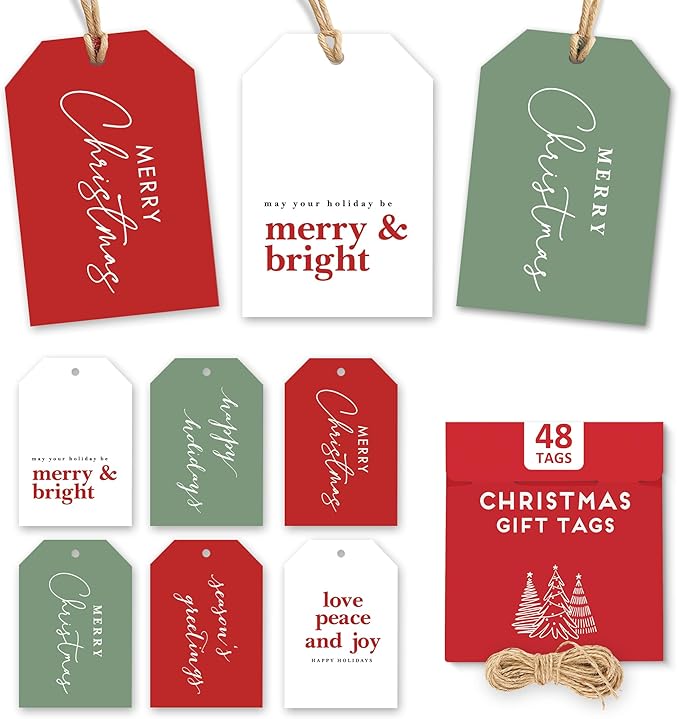 Elegant Christmas Gift Tags with String, 48 Premium Holiday Labels to Personalize Your Presents & Gift Bags, Christmas Tags for Xmas