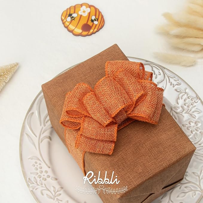 Ribbli Orange Burlap Wired Ribbon,1-1/2 Inch x 10 Yard,Wired Edge Ribbon for Big Bow,Wreath,Tree Decoration,Outdoor Decoration