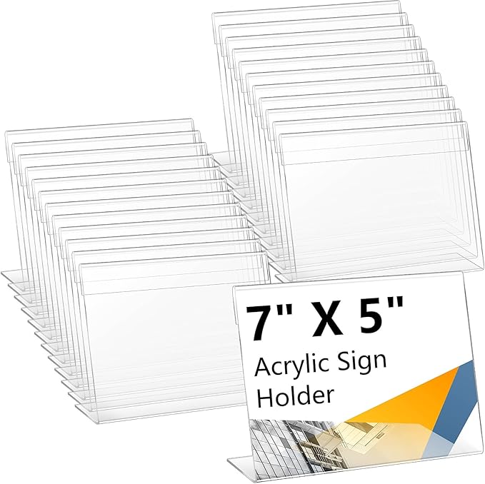 Vicenpal 60 Pcs 7x5 Inch Clear Acrylic Sign Holder Plastic L-shape Vertical Menu Stand, Picture Photo Frames, Table Paper Holder, Flyer Sign Display Stand for Restaurants, Store, Office, Wedding
