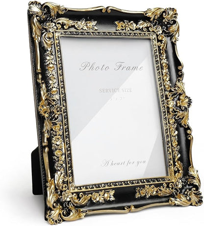 Cuspin Vintage Black and Gold Picture Frame 5x7, Ornate Baroque Resin Handcrafted Picture Frames with Glass Front, Antique Textured Design Decorative Frame for Tabletop & Wall Display