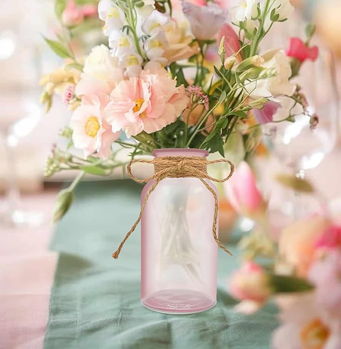 Vintage Glass Flower Vase，12 Pack Pink Farmhouse Glass Centerpiece Vases Mason Jars for Weddings, Parties & Home Decor Bulk (12, Pink)