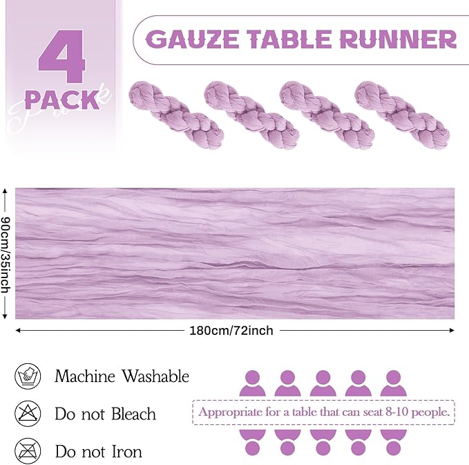 Aktor 4 Pack Lavender Table Runner Boho Cheesecloth Table Runner Semi Sheer Gauze Fabric Runners for Wedding Birthday Baby Shower Party Boho Table Decoration（Lavender）