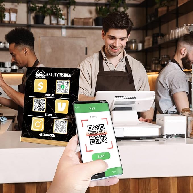 Personalized Custom Metal QR Code Sign Venmo Cashapp Scan to Pay with Stand Instagram Facebook Social Media QR Signs Bar Code QR Plaque Print for Business Salon Beauty Store Restaurant Wifi Sign (S3)