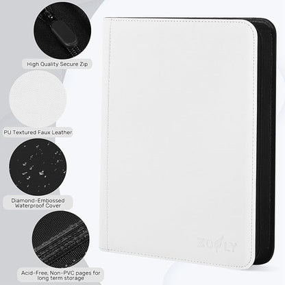 Trading Card Binder 9 Pocket, Zipper Binder Card Album Holds 540 Cards, 30 Pack Acid-Free Pages with Side Loading, Premium Leather Cover Card Folder for TCG/MTG/Sports Cards Collection, White