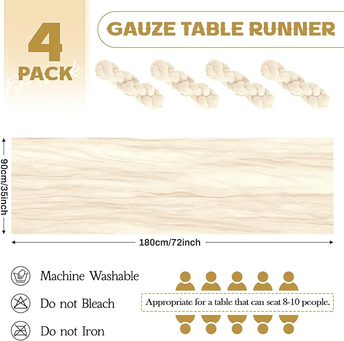 Aktor 4 Pack Ivory Table Runner Boho Cheesecloth Table Runner Semi Sheer Gauze Fabric Runners for Wedding Birthday Baby Shower Party Boho Table Decoration（Ivory）