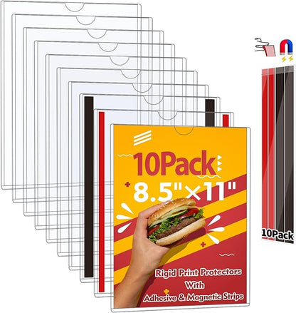 Rigid Magnetic Sign Holder 8.5 x 11 - Clear Plastic Magnetic Frames for Refrigerator Top Loaders Wall Sign Holder, Self Adhesive Frames for Walls Door Window Magnetic Picture Frame 10 Pack
