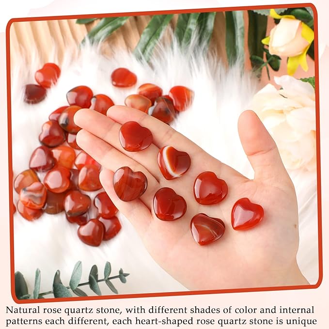 Gerrii 50 Pcs Heart Healing Stone Bulk Quartz Heart Inspirational Stones Gift for Women Love Pocket Polished Natural Energy Balancing Meditation 0.8 Inch(Red Carnelian Agate)