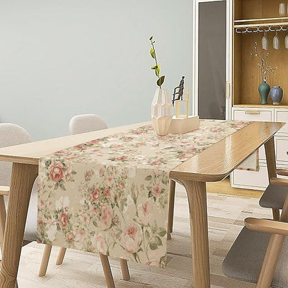 Lovely Rose Table Runner, Red and White Vintage Rose Delicate Floral Natural Pattern Long Table Restaurant Kitchen Holiday Party Decoration,13in（33cm） W * 90in（229cm） L