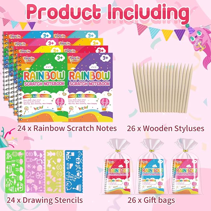 Party Favors for Kids: 24 Pack Rainbow Scratch Art Notebook Students Classroom Gifts Bulk for Girls Boys Goodie Bags Stuffers, Return Gifts for Birthday Party Favors Bulk Kids Crafts