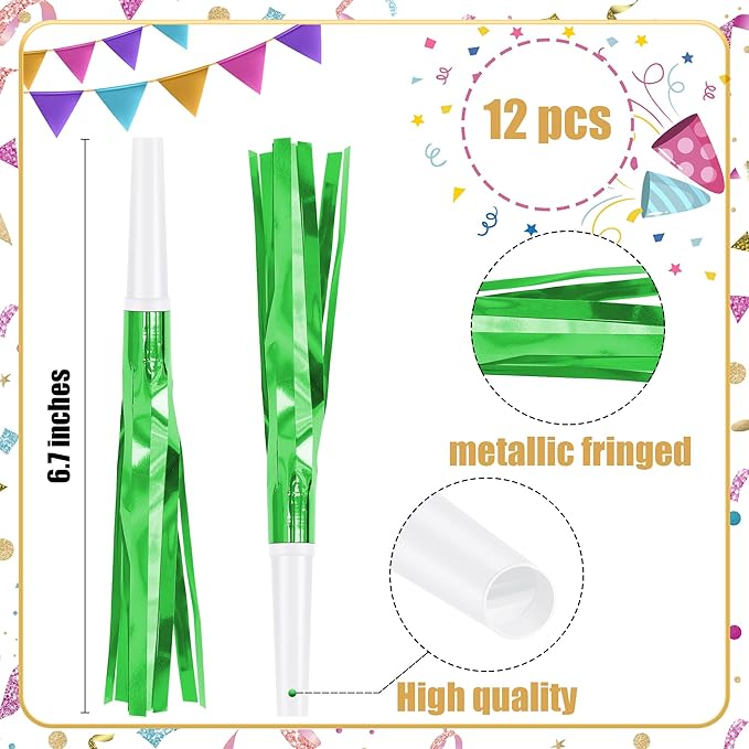 12 Pcs Glitter Noise Makers Metallic Fringed Party Blower for Adults Birthday Graduation New Years Party Favors Supplies (Green)