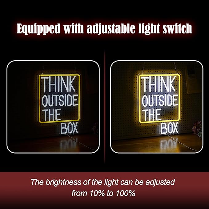 Think Outside The Box Neon Sign Dimmable White Words Neon Light for Wall Decor Led Think Light Up Sign for Study Room Classroom Library Meeting Room Bedroom (16.1 * 11.8 In)