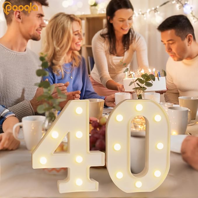 Pooqla 40th Birthday Decorations for Her Him, Light Up Number 40 for Party Table Decorations, 40th Birthday Gift for Women Men, Backdrop Wall Decor for 40th Wedding Anniversary Decoration