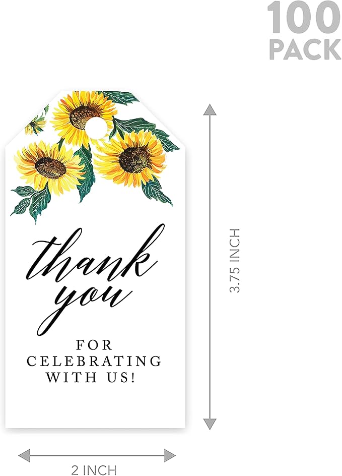 Andaz Press 100-Pack Thank You for Celebrating with Us Favor Tags Sunflowers Cardstock Gift Tags with Bakers Twine for Wedding Baby Shower Bridal Shower Birthday Party Favors 2 x 3.75-Inches