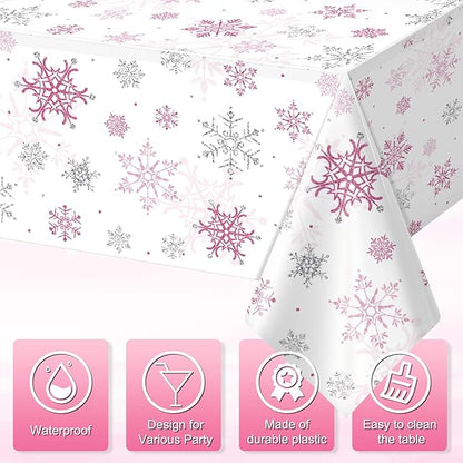 6 Pcs Christmas Snowflake Party Tablecloths Decorations,Plastic Pink Winter Onederland Rectangle Table Cover for Christmas New Year Girls 1st Birthday Baby Shower Holiday Party Decorations,54x108 inch