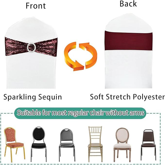 10 Pcs Sequin Chair Sashes Stretch Chair Bands Spandex Polyester Bows for Party Hotel Wedding Banquets Decoration - Burgundy