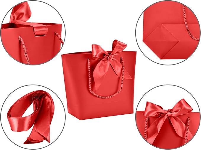 HUAPRINT Gift Bags with Handles,7.48×3.54×7.9 inches,Party Favor Bags with Bow Ribbon,12Pcs Red Paper Bags for Birthday Wedding Bridesmaid Holiday Valentine's Day