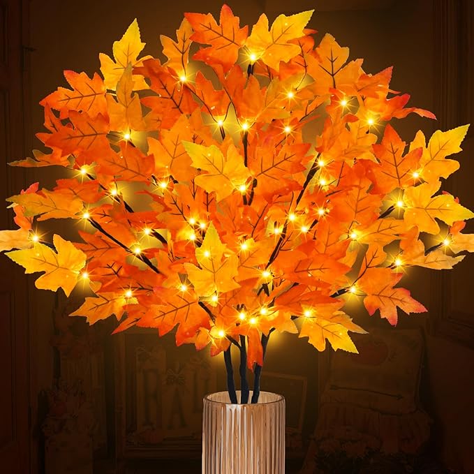 3Pcs 30”Lighted Maple Leaves Branches Stems with Timer Battery Operated 60 LEDs Fall Artificial Maple Branches with Lights for Vases Autumn Home Thanksgiving Halloween Christmas Decoration