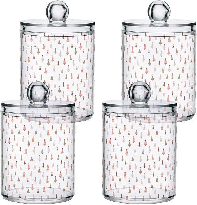 Gredecor 2 Pack Qtip Holder Clear Pastel Christmas Tree Pink Forest Apothecary Jars with Lids Acrylic Christmas Winter Bathroom Jars Vanity Canister Storage Organizer for Cotton Ball,Swabs,Pads,Floss